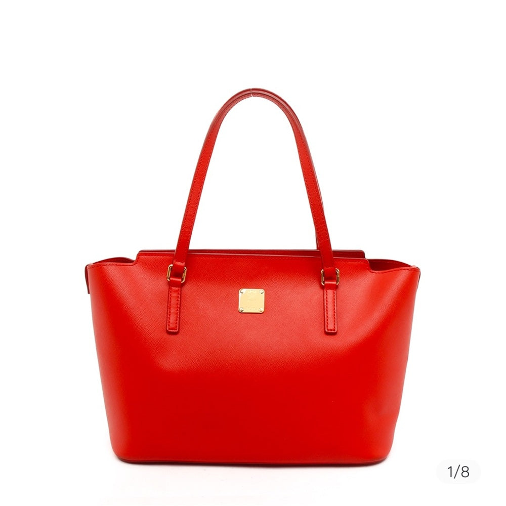 MCM coral red saffiano leather large Project tote shopper bag