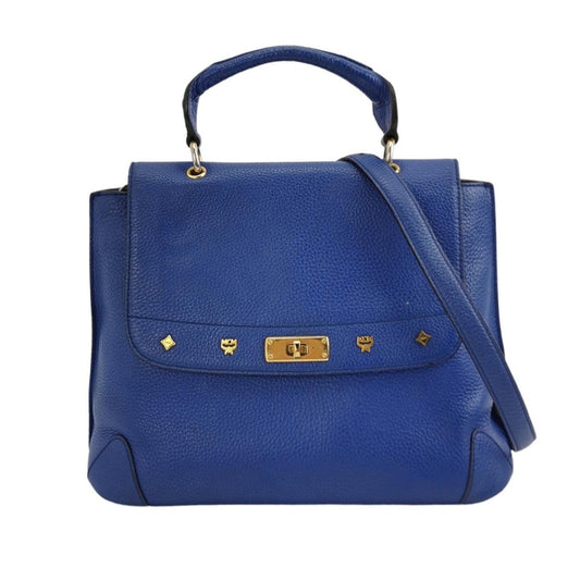 Authentic MCM Blue Pebbled Leather Flap Small Top Handle Bag w/ Shoulder Strap