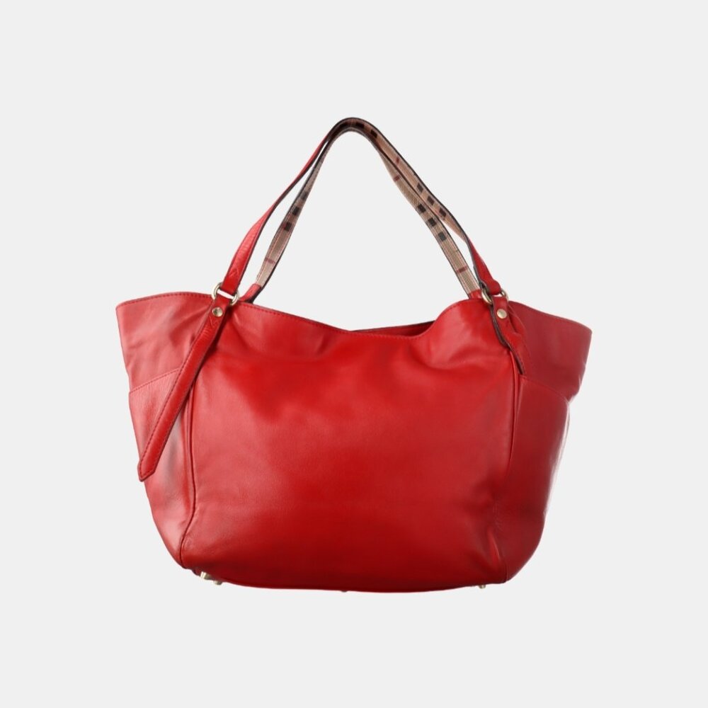 BURBERRY Calfskin Haymarket Small Canterbury Tote in Red