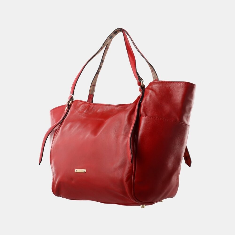 BURBERRY Calfskin Haymarket Small Canterbury Tote in Red