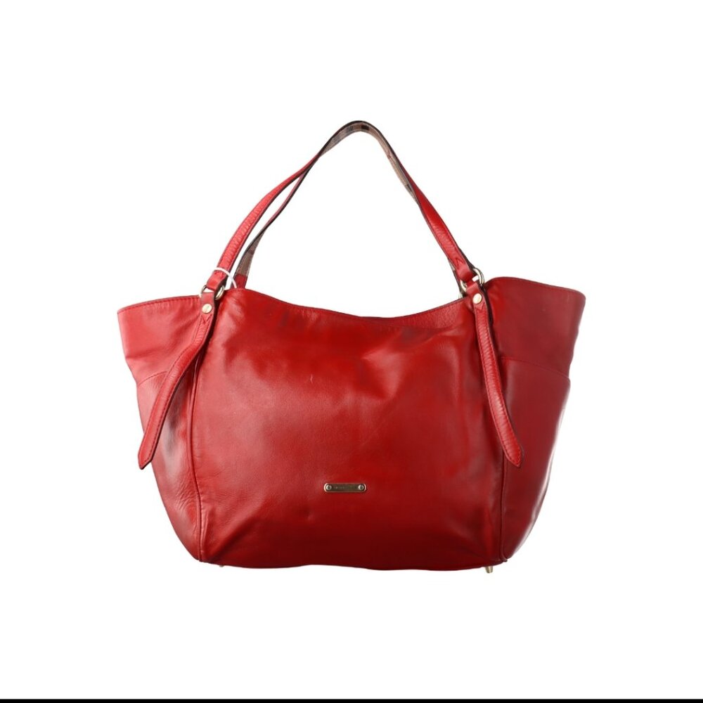 BURBERRY Calfskin Haymarket Small Canterbury Tote in Red