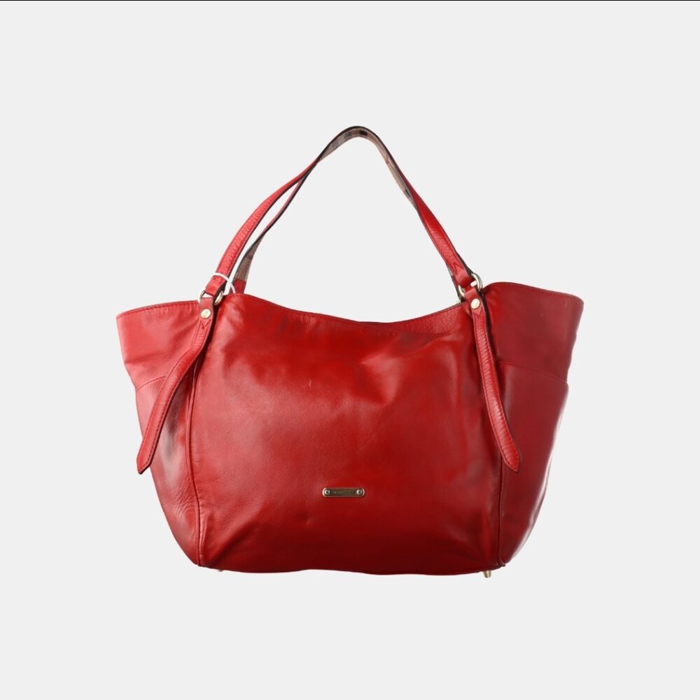 BURBERRY Calfskin Haymarket Small Canterbury Tote in Red