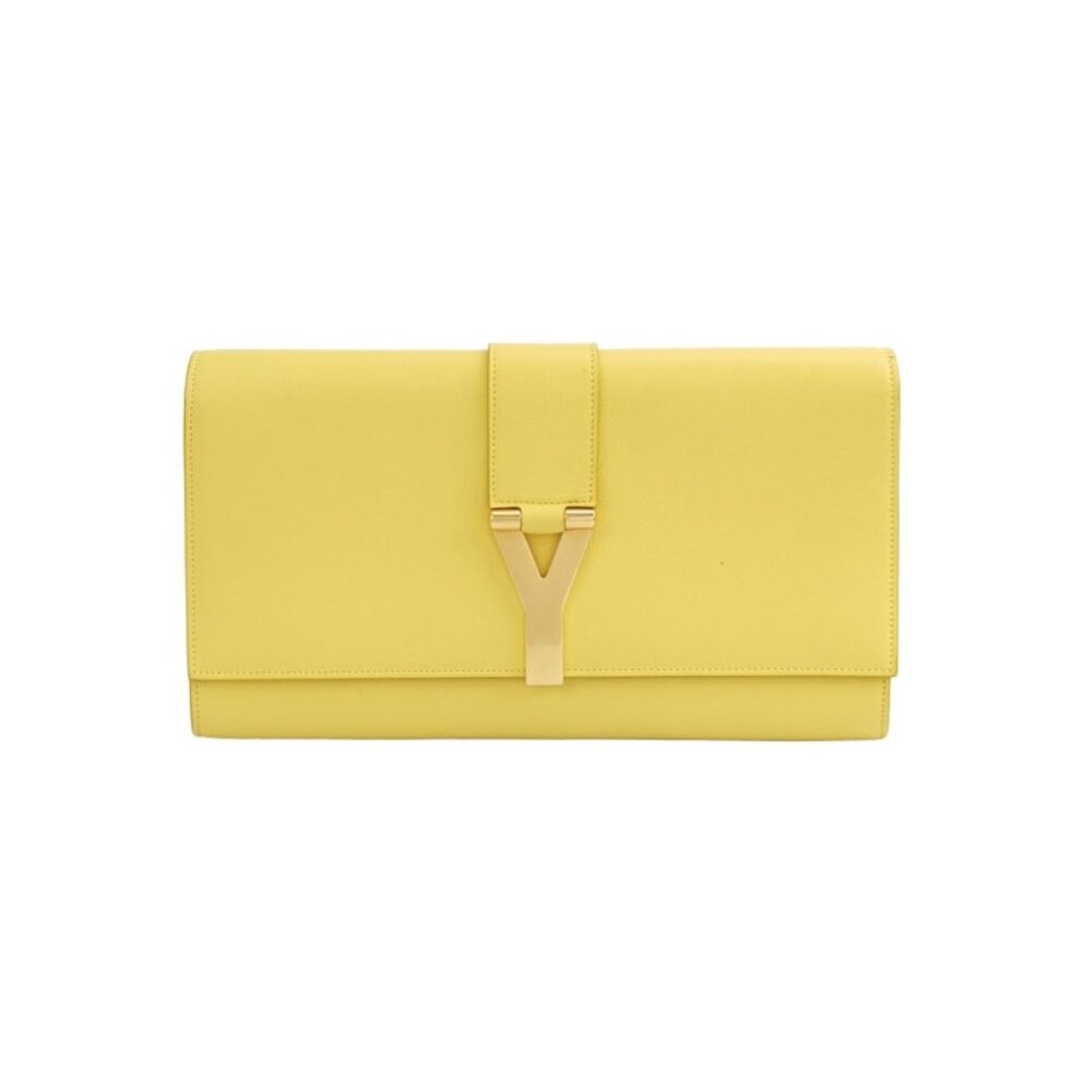 Saint Laurent Clutch Yellow Leather Gold-Tone Hardwarev