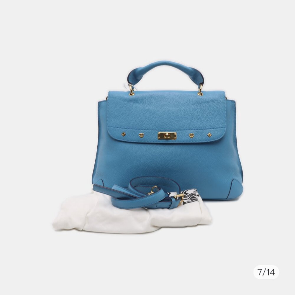 MCM Light Blue Leather First Lady Top Handle Bag