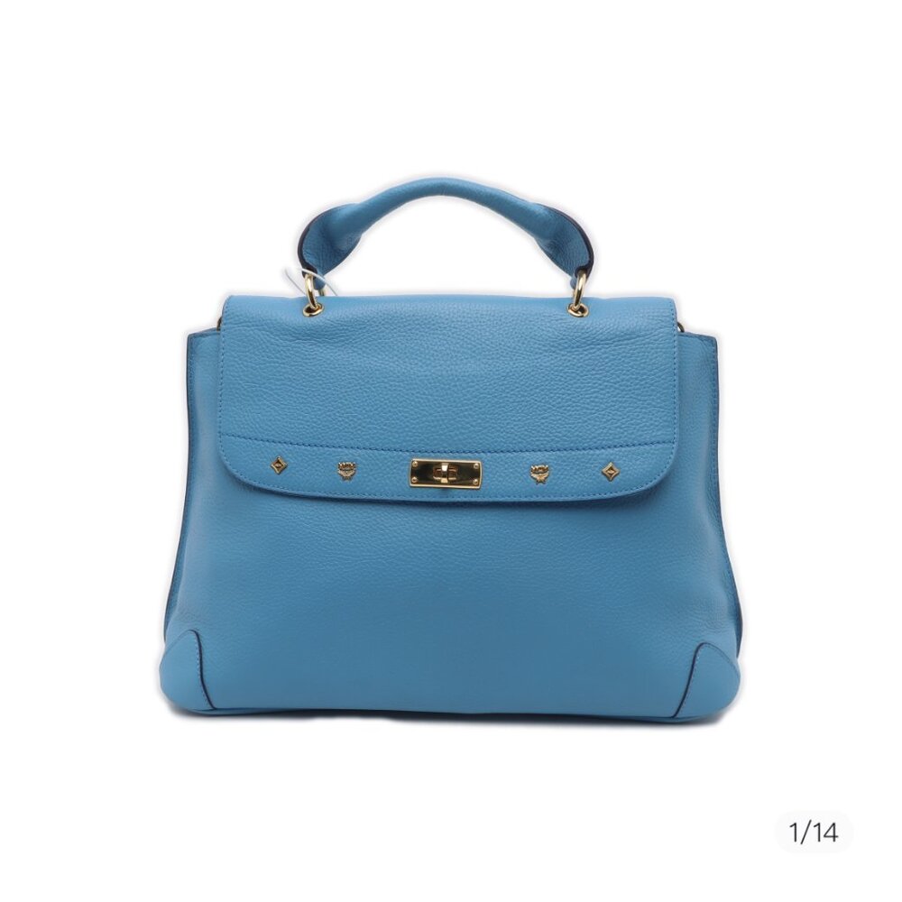 MCM Light Blue Leather First Lady Top Handle Bag