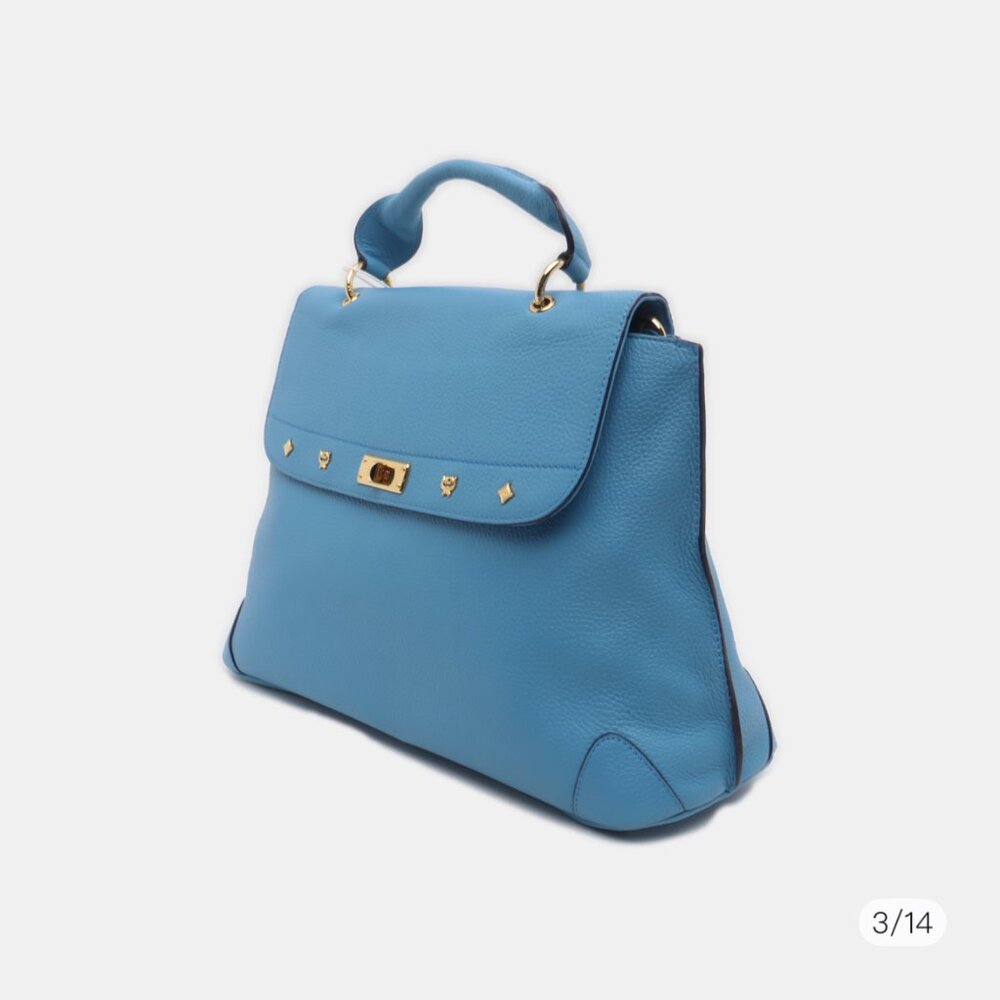 MCM Light Blue Leather First Lady Top Handle Bag