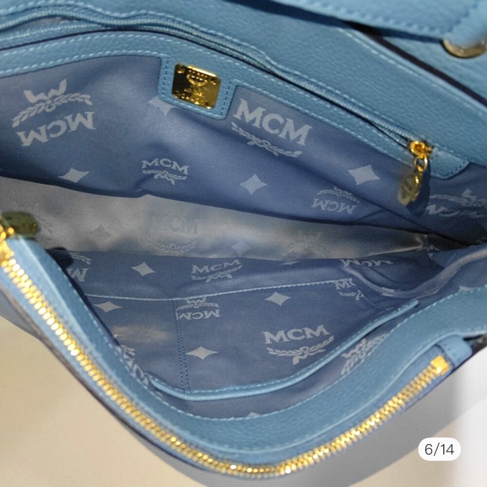 MCM Light Blue Leather First Lady Top Handle Bag