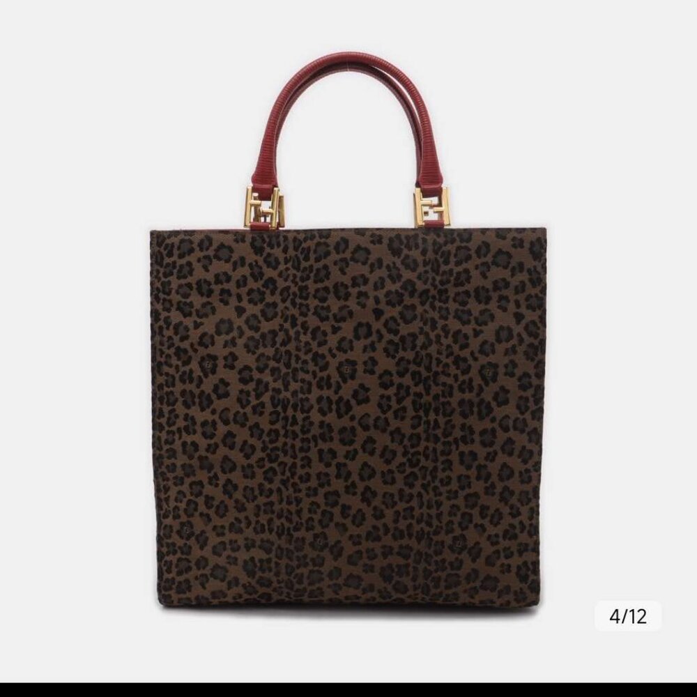 Vintage Fendi Leopard Signature Square Tote Hand Bag