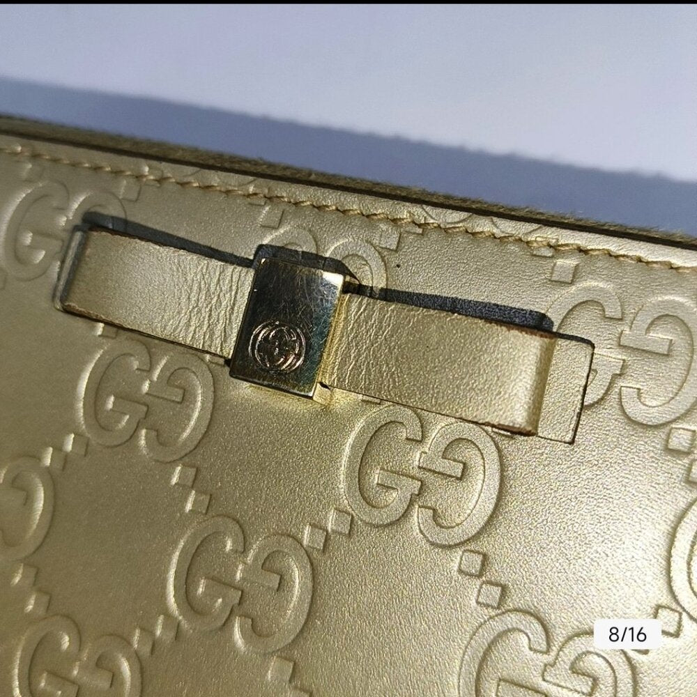 Gucci Metallic Beige Microguccissima Leather Bow Zip Around Wallet