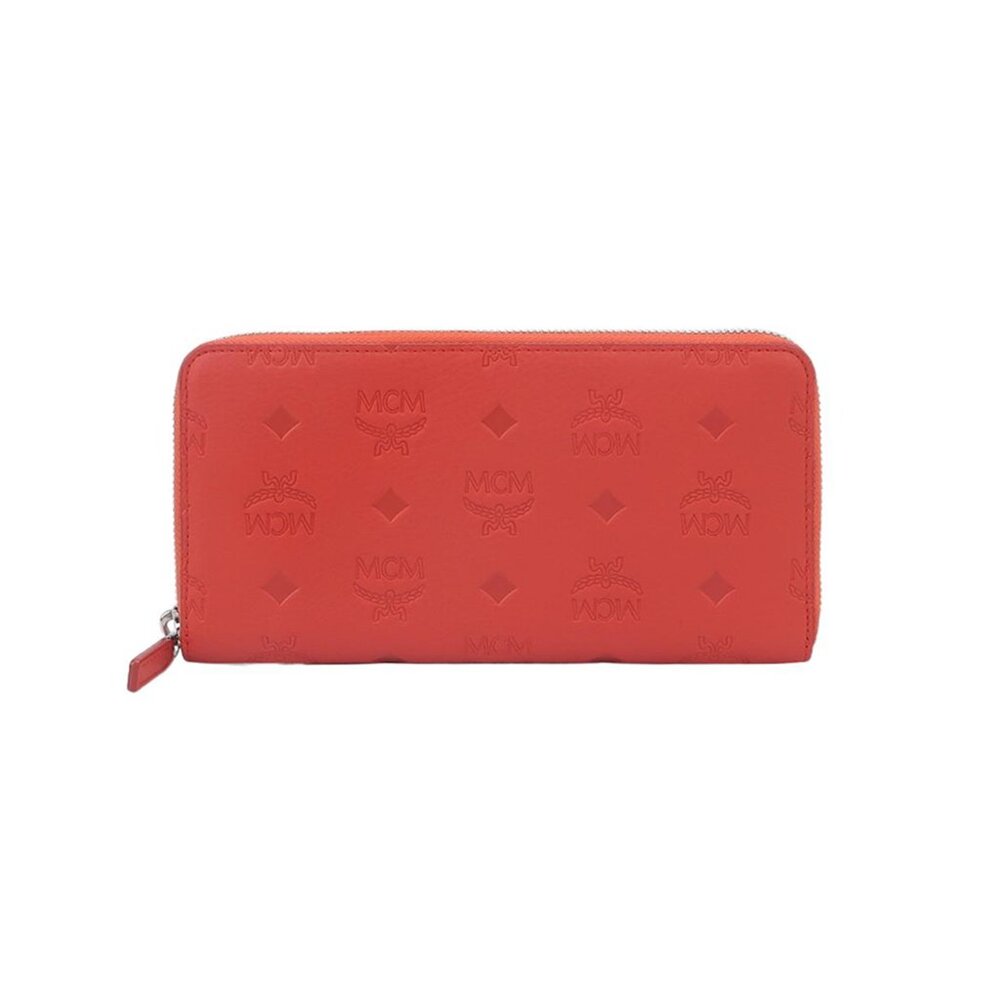 MCM  Calfskin Ottomar Monogram Large Zip Around Wallet Red