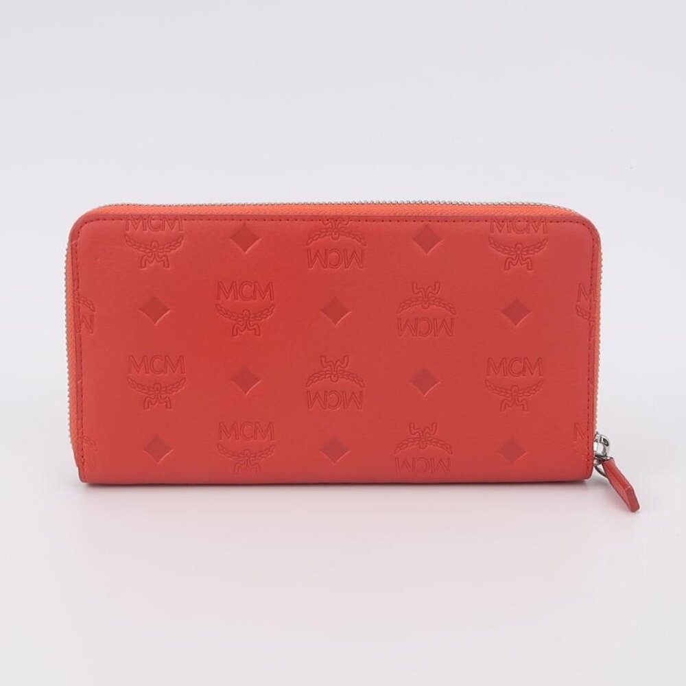 MCM  Calfskin Ottomar Monogram Large Zip Around Wallet Red