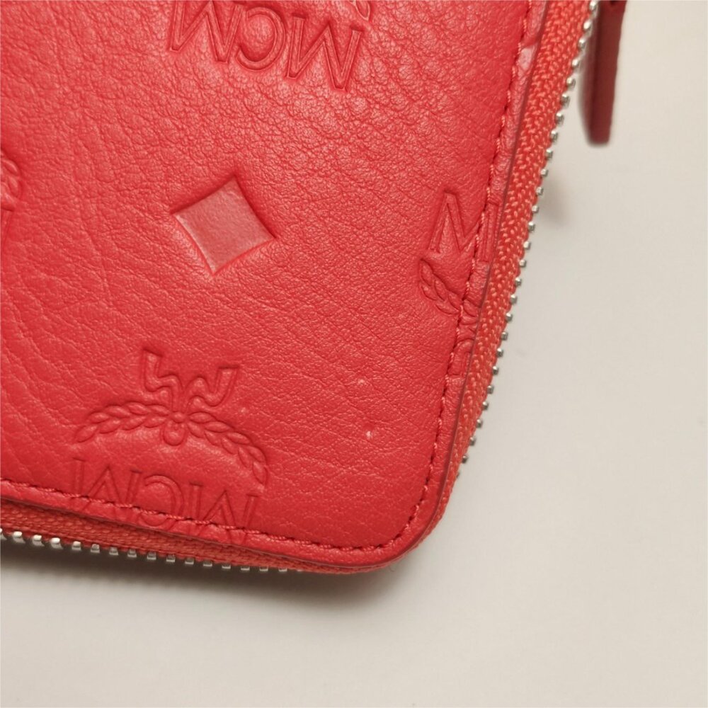 MCM  Calfskin Ottomar Monogram Large Zip Around Wallet Red