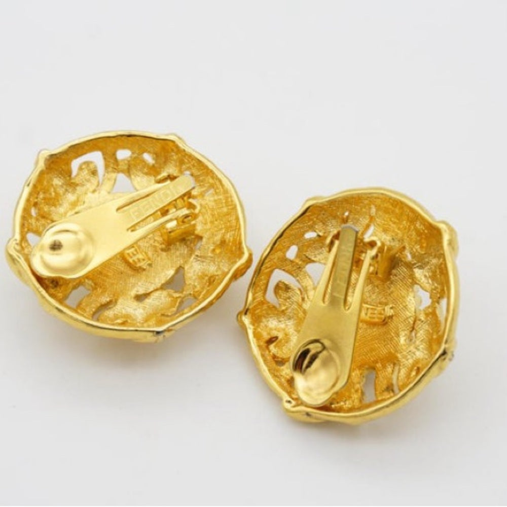 Fendi Vintage F Fendista Baroque Large Round Pearl Openwork Leaf Clip Earrings