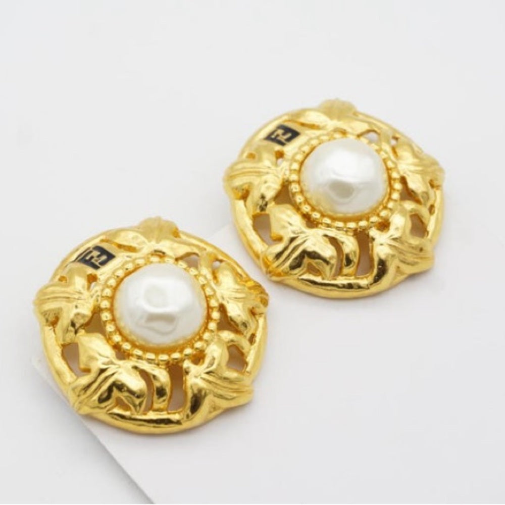 Fendi Vintage F Fendista Baroque Large Round Pearl Openwork Leaf Clip Earrings