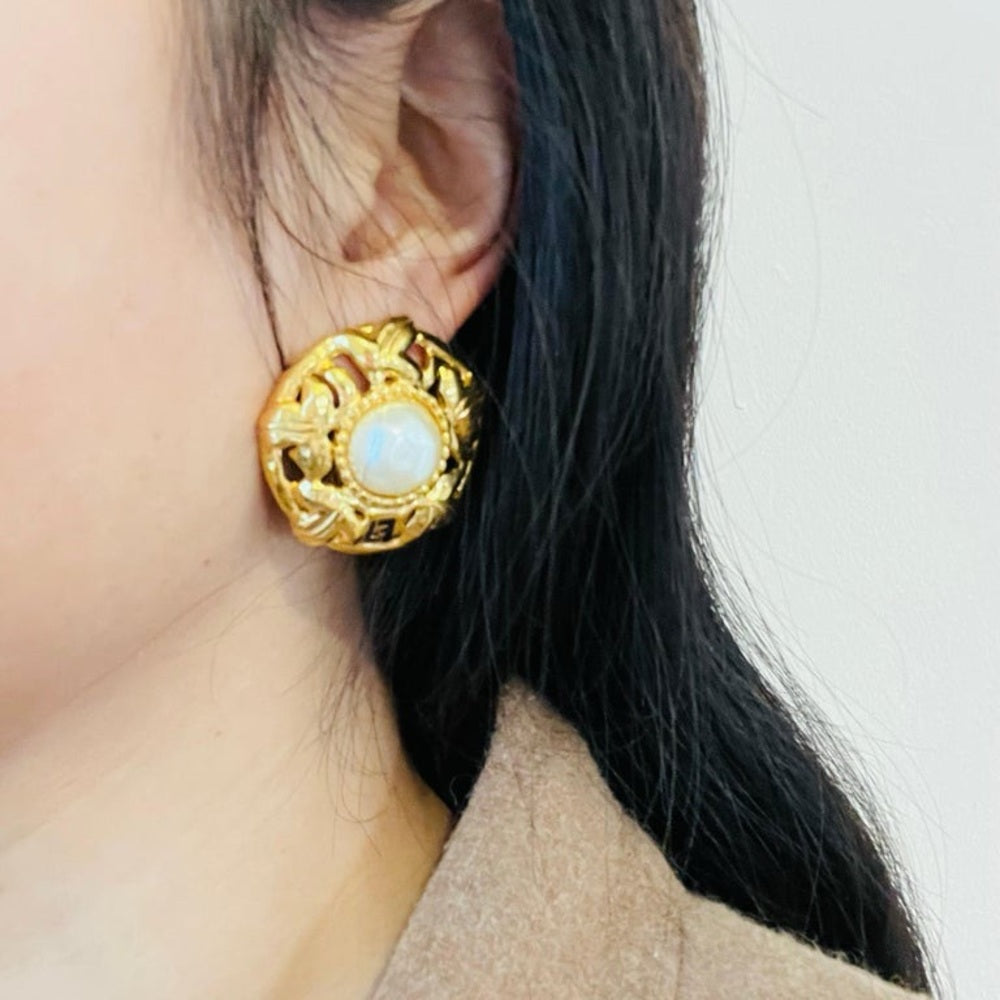Fendi Vintage F Fendista Baroque Large Round Pearl Openwork Leaf Clip Earrings