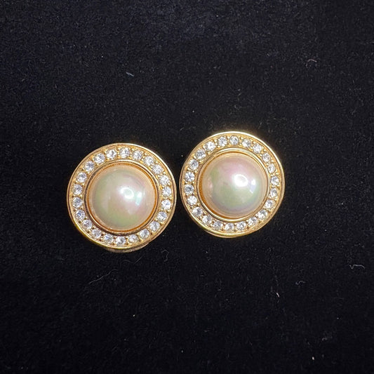 Vintage Christian Dior Gold, Pearl & Crystal Clip On Earrings