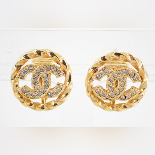 Authentic Chanel CC Rhinestone Clip on Earrings in Gold