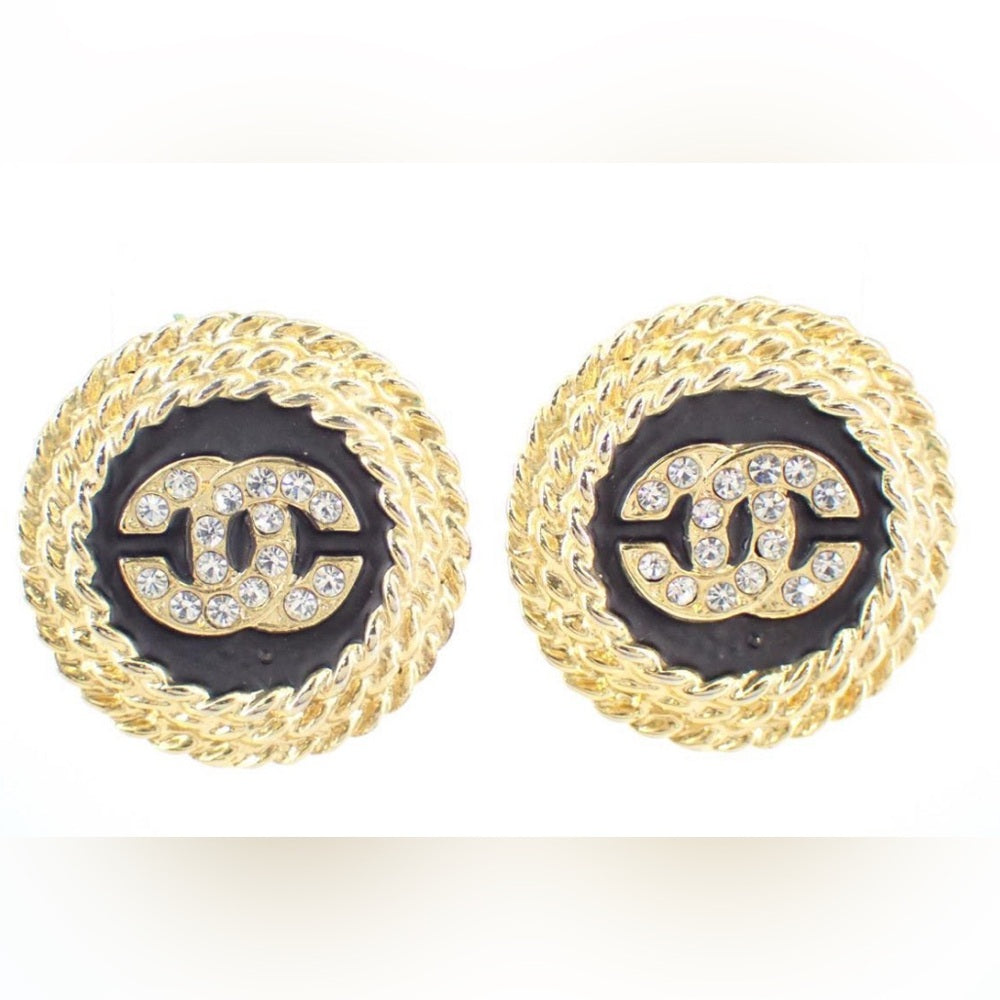 CHANEL Gold and Black Statement Earrings with Interlocking CC