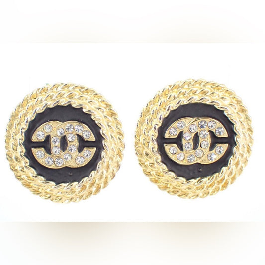CHANEL Gold and Black Statement Earrings with Interlocking CC