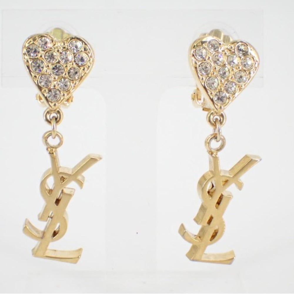 YSL Gold Heart Crystal Drop Earrings