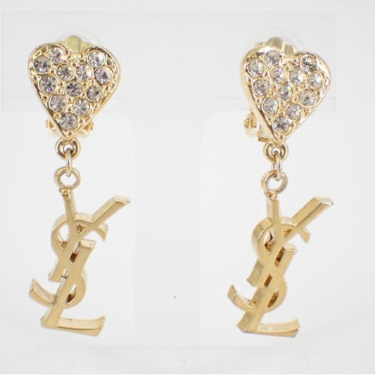 YSL Gold Heart Crystal Drop Earrings